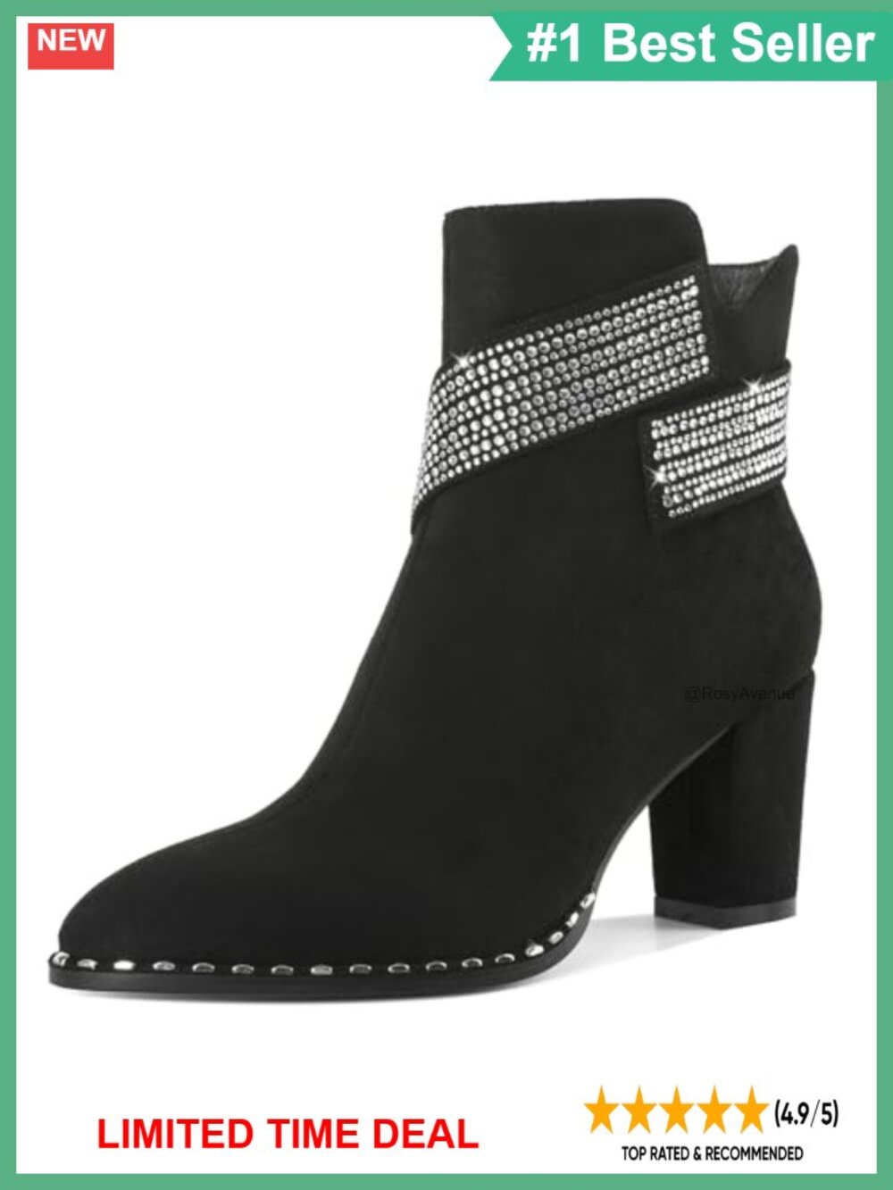 Women's Chunky Heel Ankle Boots Round Toe Rhinestone Strap Side Zip Booties